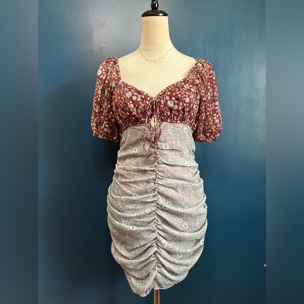 FREE PEOPLE Tessa Floral Open Back Ruched Puff Sleeve Mini Dress NWT Size XSmall